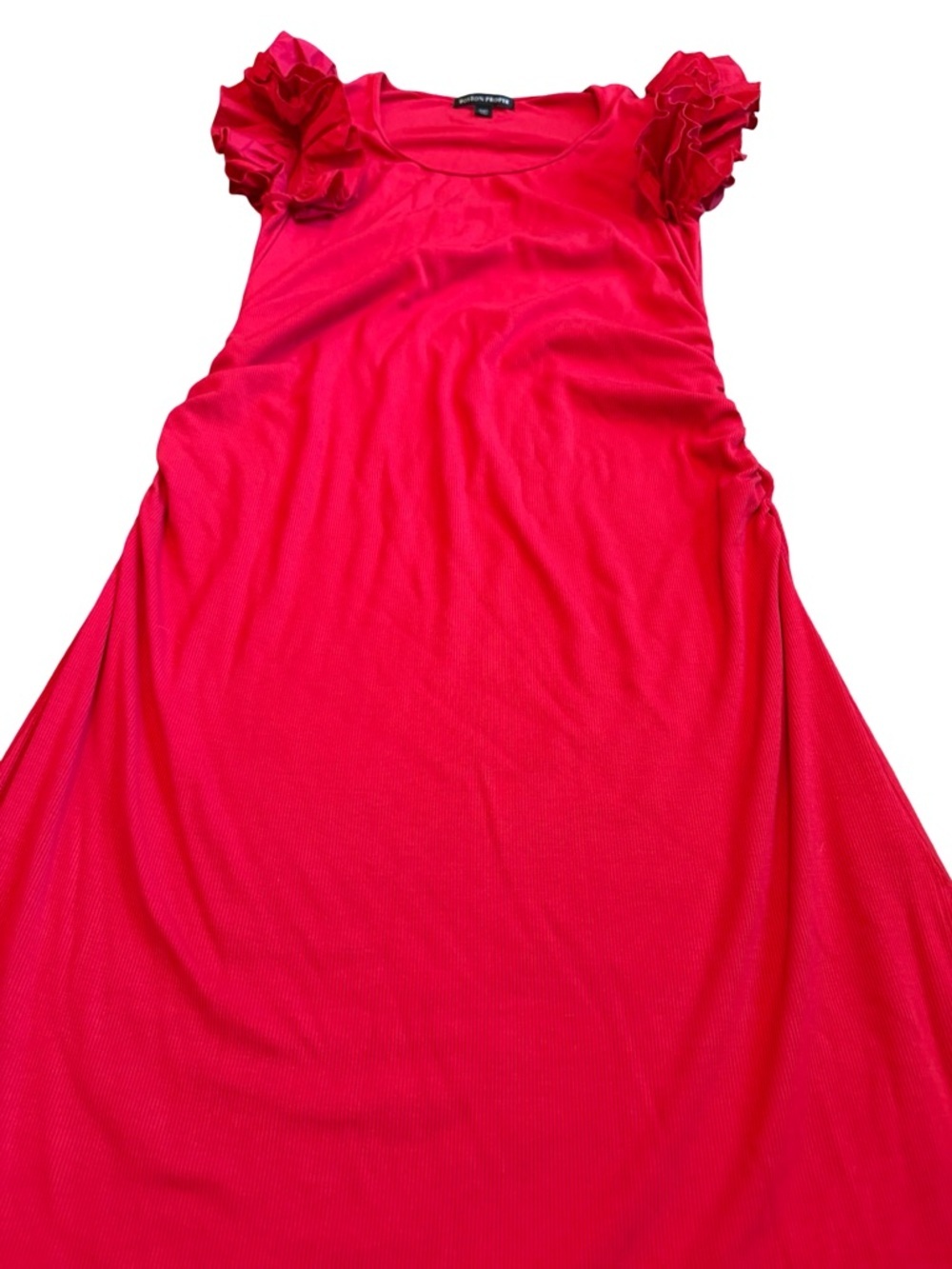 Boston Proper Ruffle Knit Rib Ruched Dress Bold Red Stretch Fitted Size Large - Picture 5 of 12